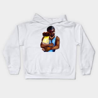 The best Father’s Day gifts 2022. Father and child - Super hero dad -  Strong muscular black man cradling a baby Kids Hoodie